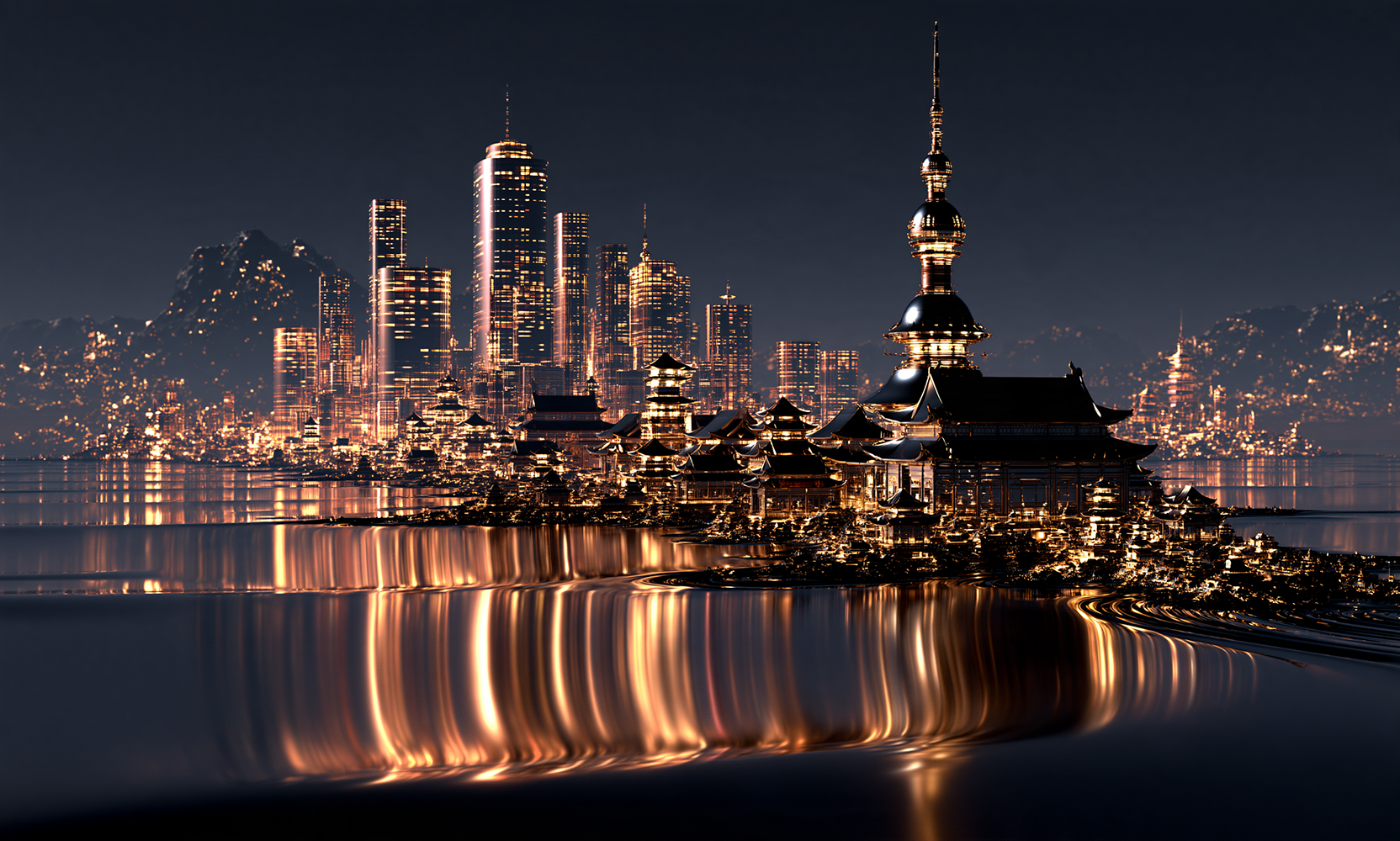 needle tower pagoda shore landscape art
