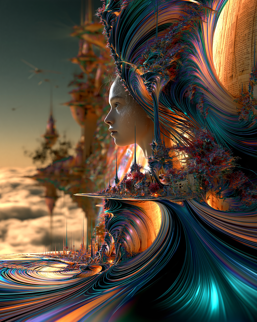 face in the ribbon hair portrait art
