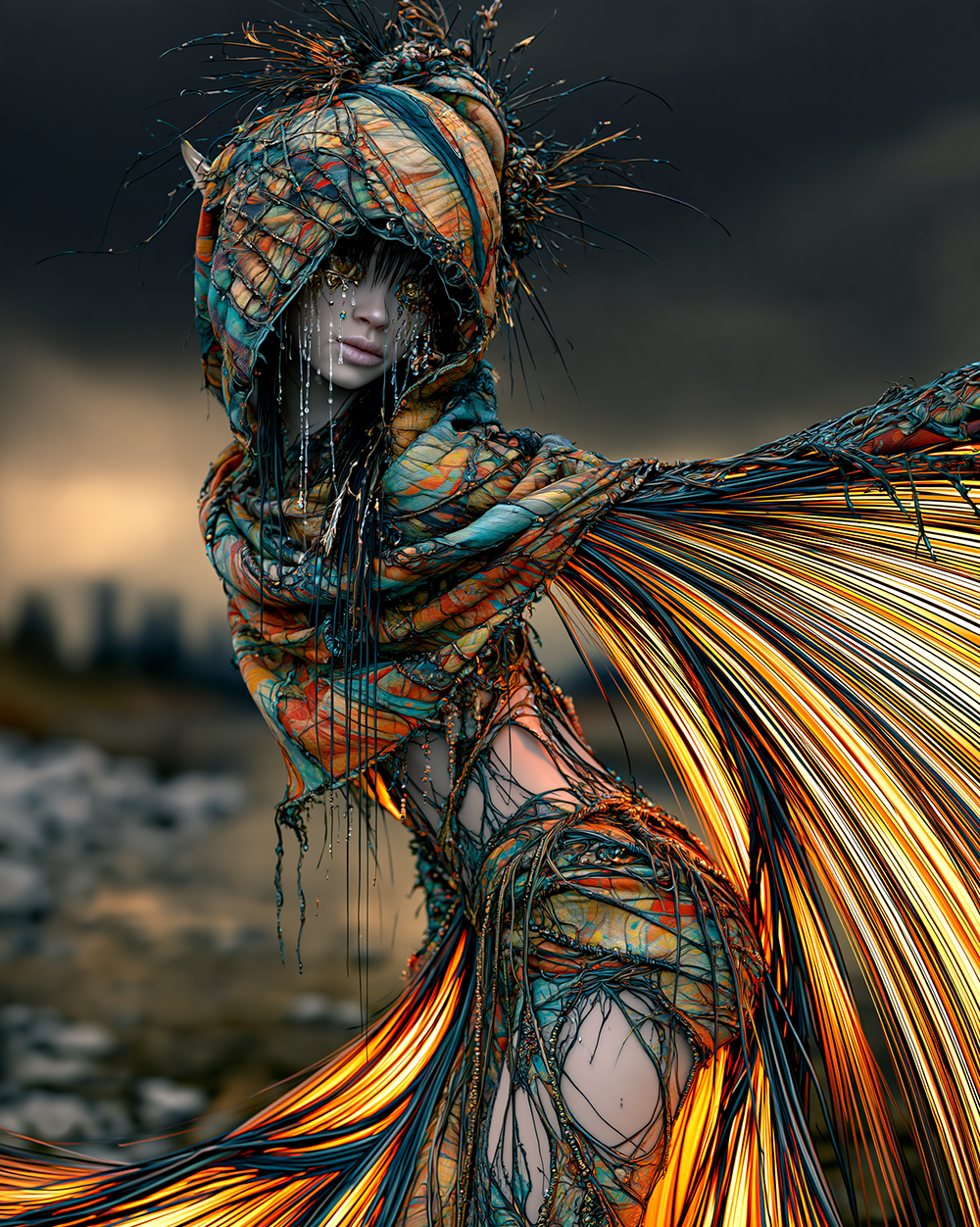 hood sweeping cape portrait art