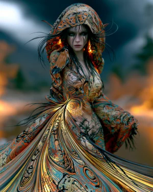 brocade hood gaze portrait art