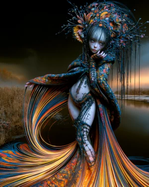 dark doll blue gown portrait art