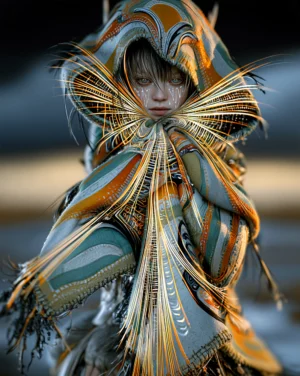 layered hood fan portrait art
