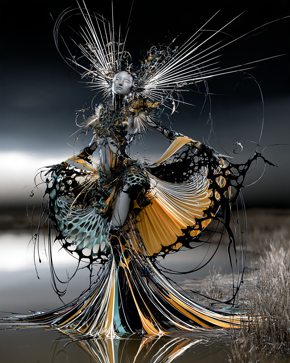 lace wing skeleton crown portrait art