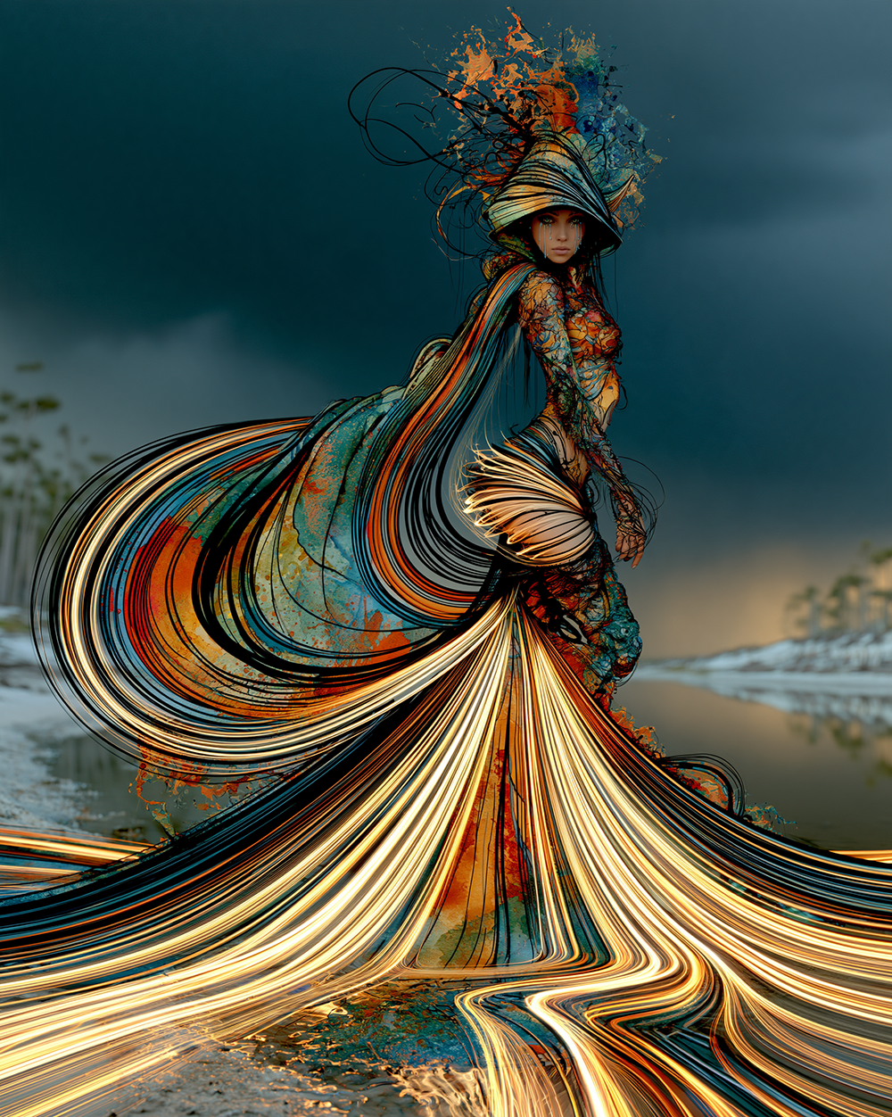 orange bloom hat portrait art