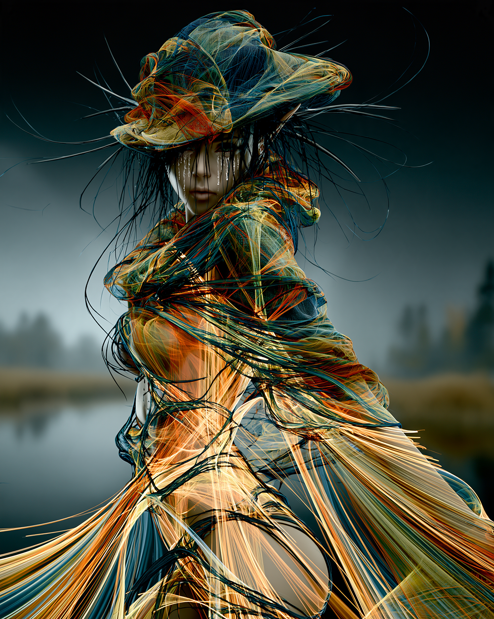 brimmed hat veil portrait art