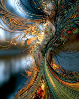 windblown hair waterfall portrait art