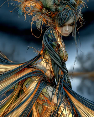 long hair teal fringe portrait art
