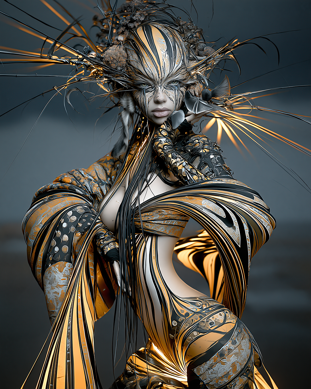 striped mask sitter portrait art