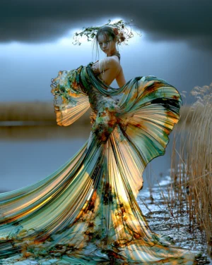 open back fan gown portrait art