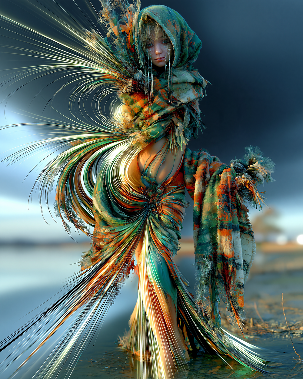 windcloak hooded fan portrait art