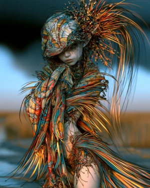 beret feather burst portrait art