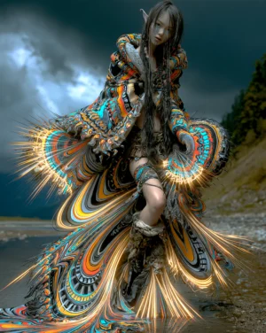 peacock wing skirt portrait art