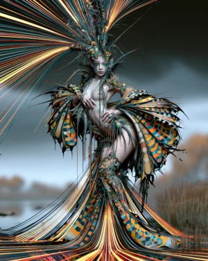 fan collar plume crown portrait art