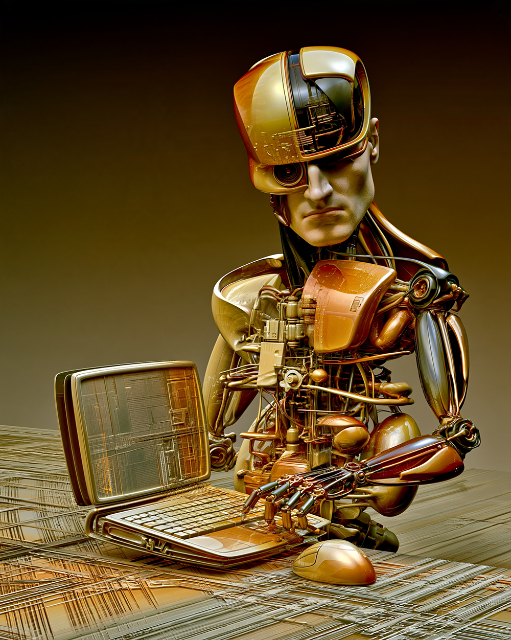 typing copper robot portrait art