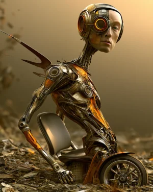 brass robot on a wheel portrait art
