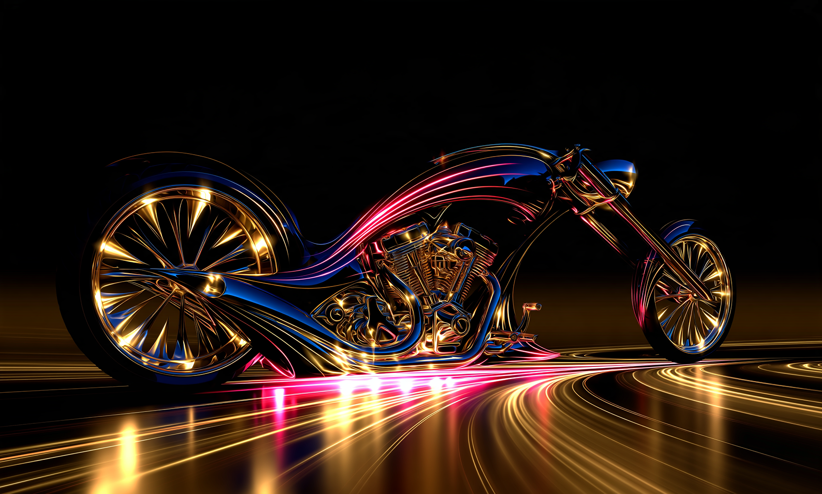 long gold spoke chopper landscape art