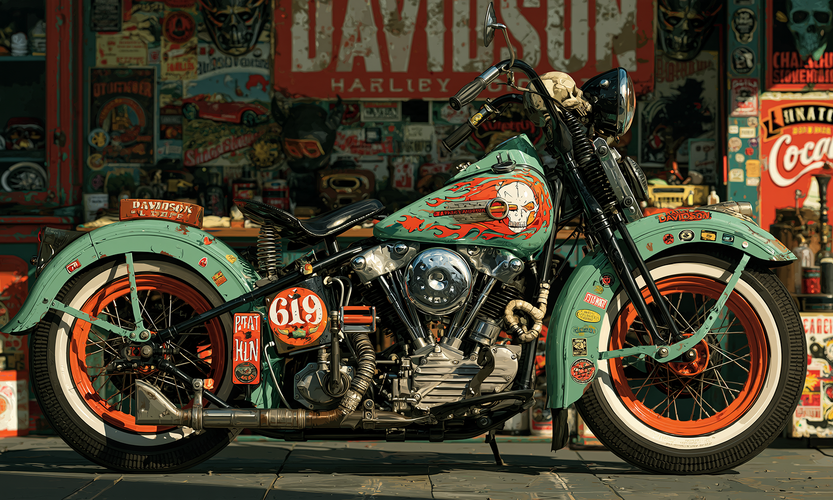 mint tank cola garage bobber landscape art