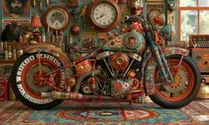 lettered tire cluttered wall bobber landscape art