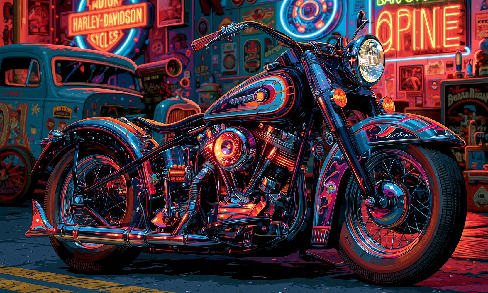 cherry neon open sign bobber landscape art