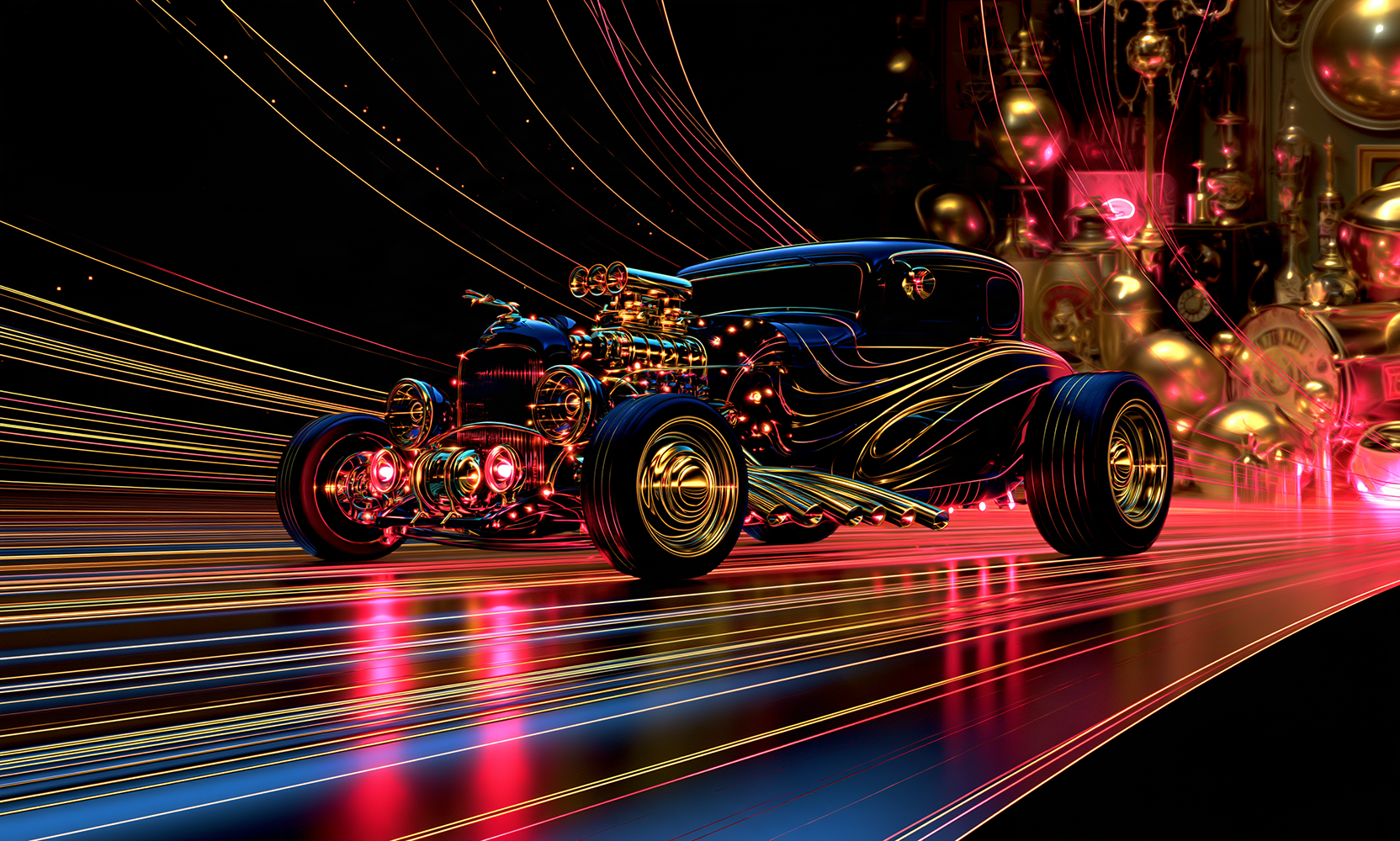 gold globe street rod landscape art
