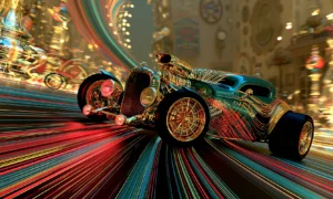 teal ribbon hot rod landscape art