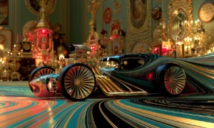 wire wheel teal racer landscape art
