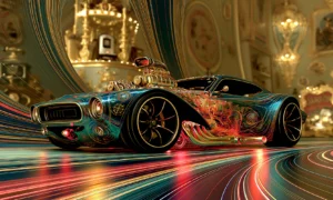 teal muscle car in gold lines landscape art