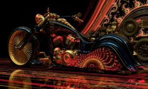 spoked chopper in a red swirl landscape art