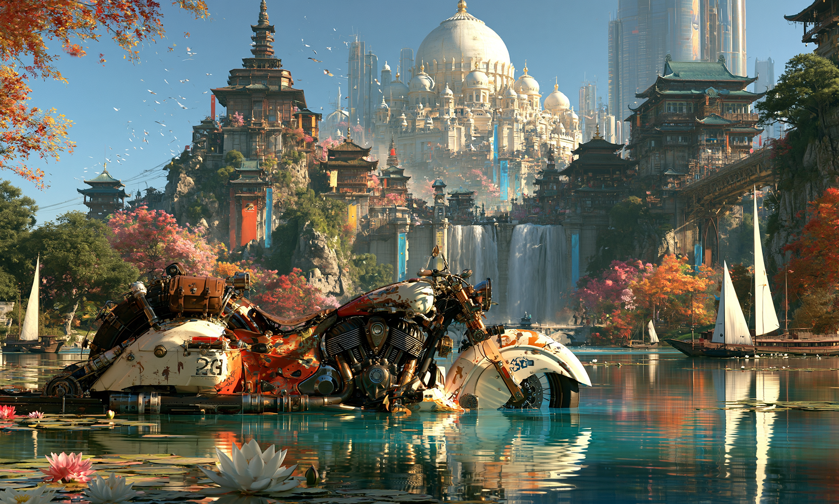 lake palace cycle landscape art