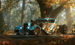 autumn woods roadster landscape art
