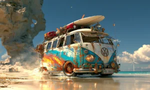 cliff beach camper van landscape art