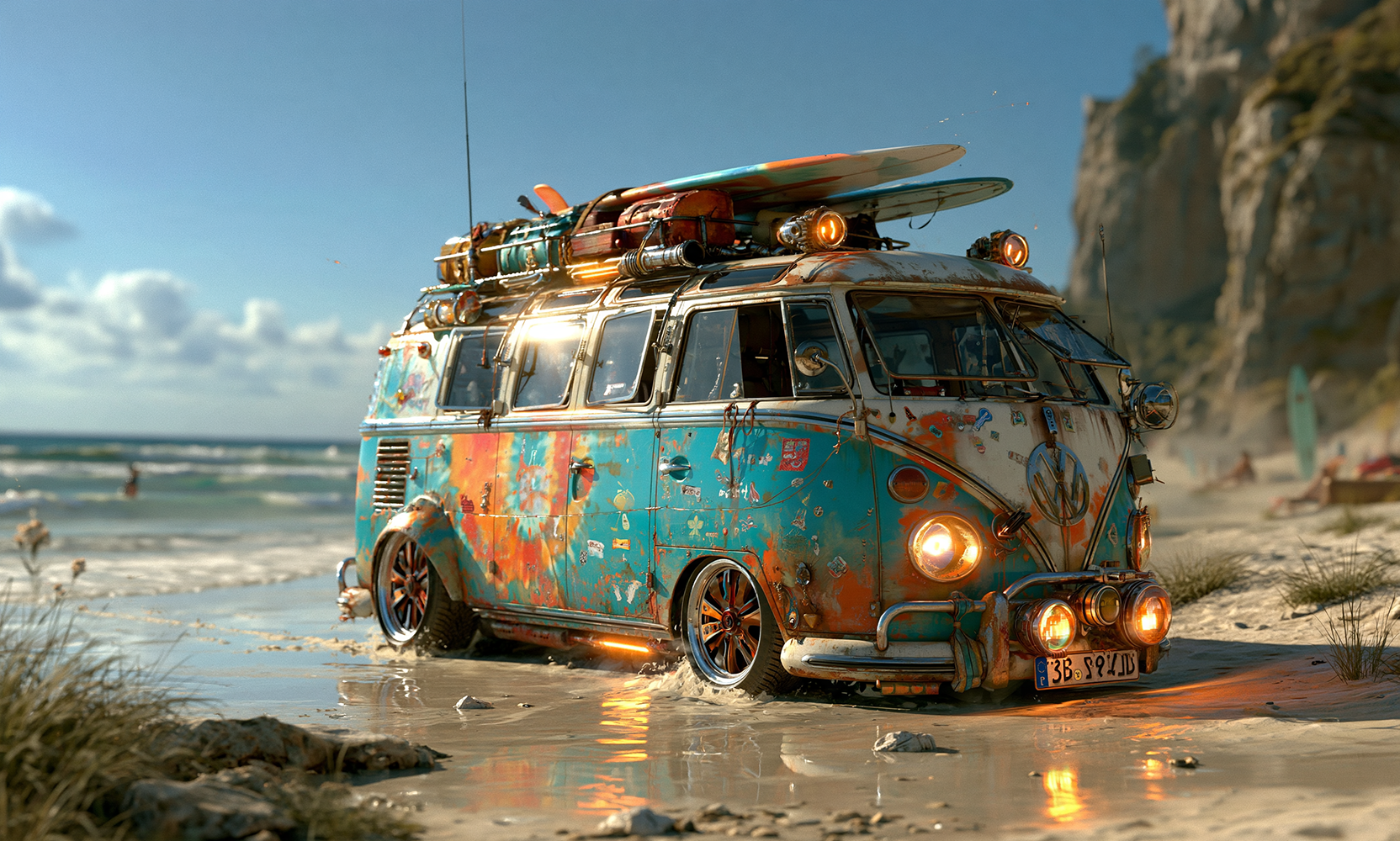 surf shore van landscape art