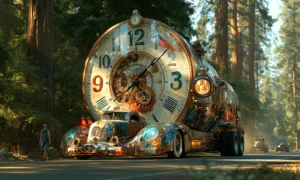 giant clock tanker in the redwoods landscape art