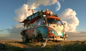 meadow camper van with the awning landscape art