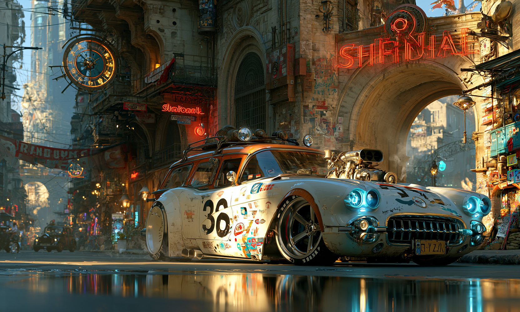 neon arch street coupe landscape art