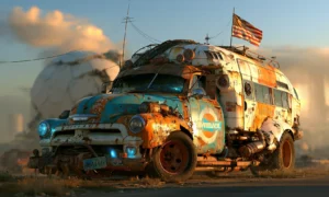 bus truck with the flag landscape art