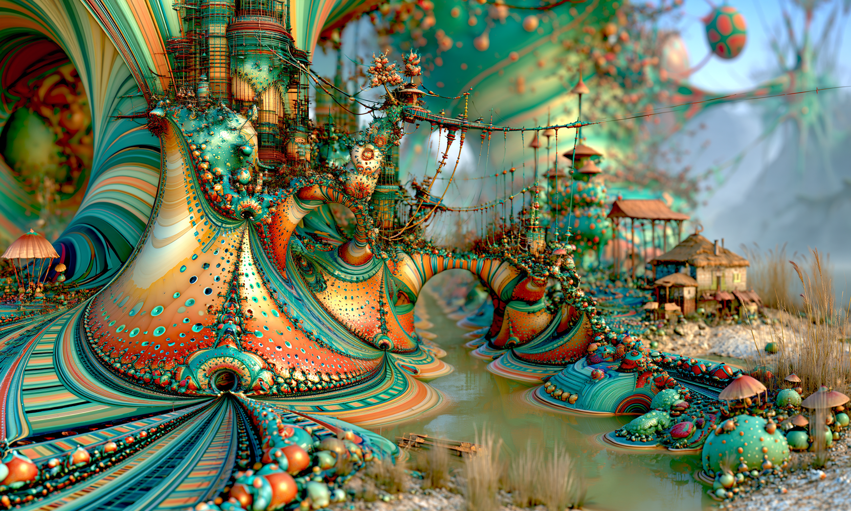 teal bell meadow village landscape art