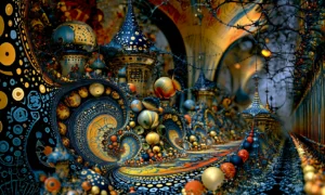 gold spiral dark village landscape art