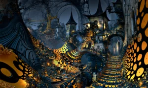 honeycomb stair night village landscape art
