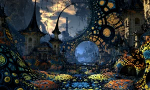 spired village behind the moon lens landscape art