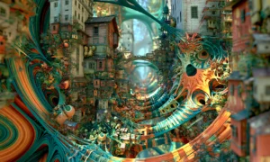 wheel window town spiral landscape art