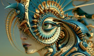 gold ringed eye spiral mask landscape art