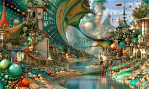cloth canopy river village landscape art