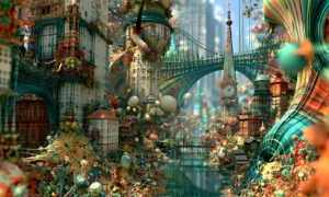 bridge and clock spire street landscape art