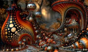 red spotted vessel village landscape art