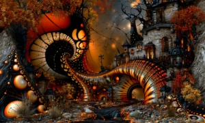 copper spiral gothic castle landscape art