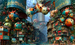 orb cluster city street landscape art