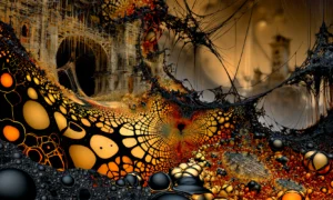 amber honeycomb ruin landscape art