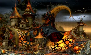 dusk witch hat village landscape art
