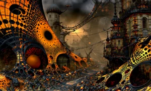 orange cell wall castle landscape art